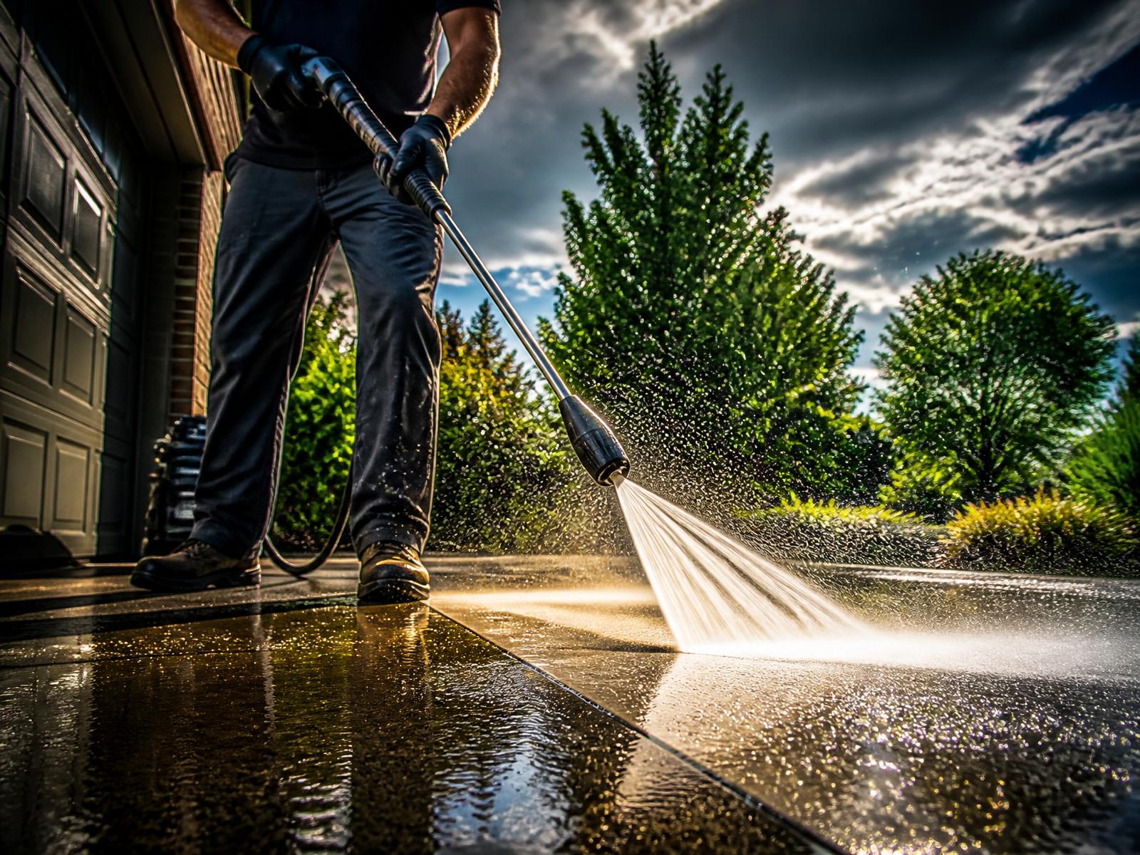 Professional pressure washing a driveway